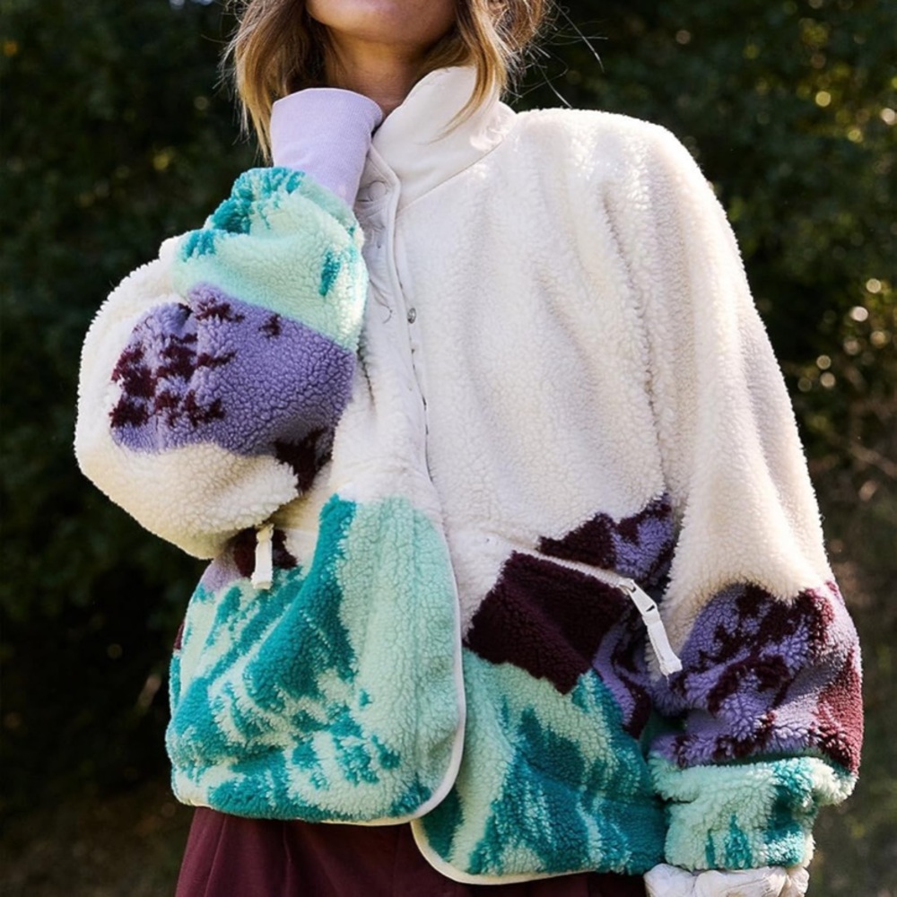 Cream Purple Teddy Jacket similar to free people hit the slopes fleece sunrise